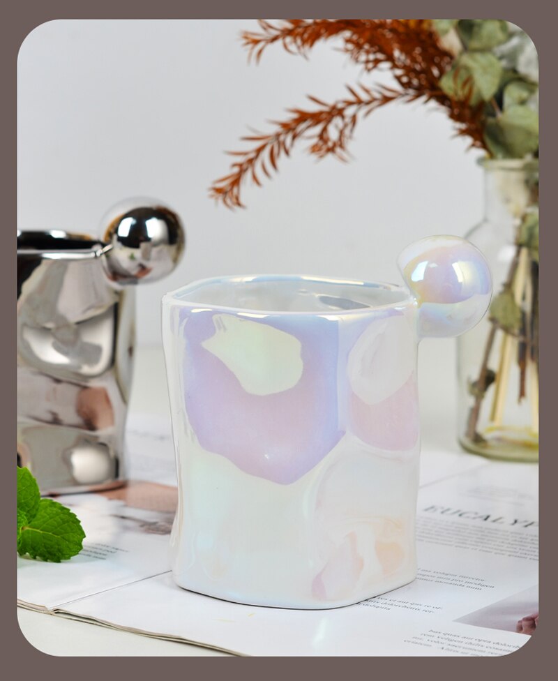 Irregular Mug Ceramic Coffee Cup Silver Pearl Macron Breakfast Cup Coffee Tazas Handmade Creative Water Cup Drinkware
