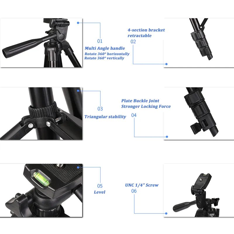 NA-3120 Phone Tripod Holder 40 Inch Universal Photography for Gopro iPhone Samsung Xiaomi Huawei Phone Aluminum Travel Tripod Par