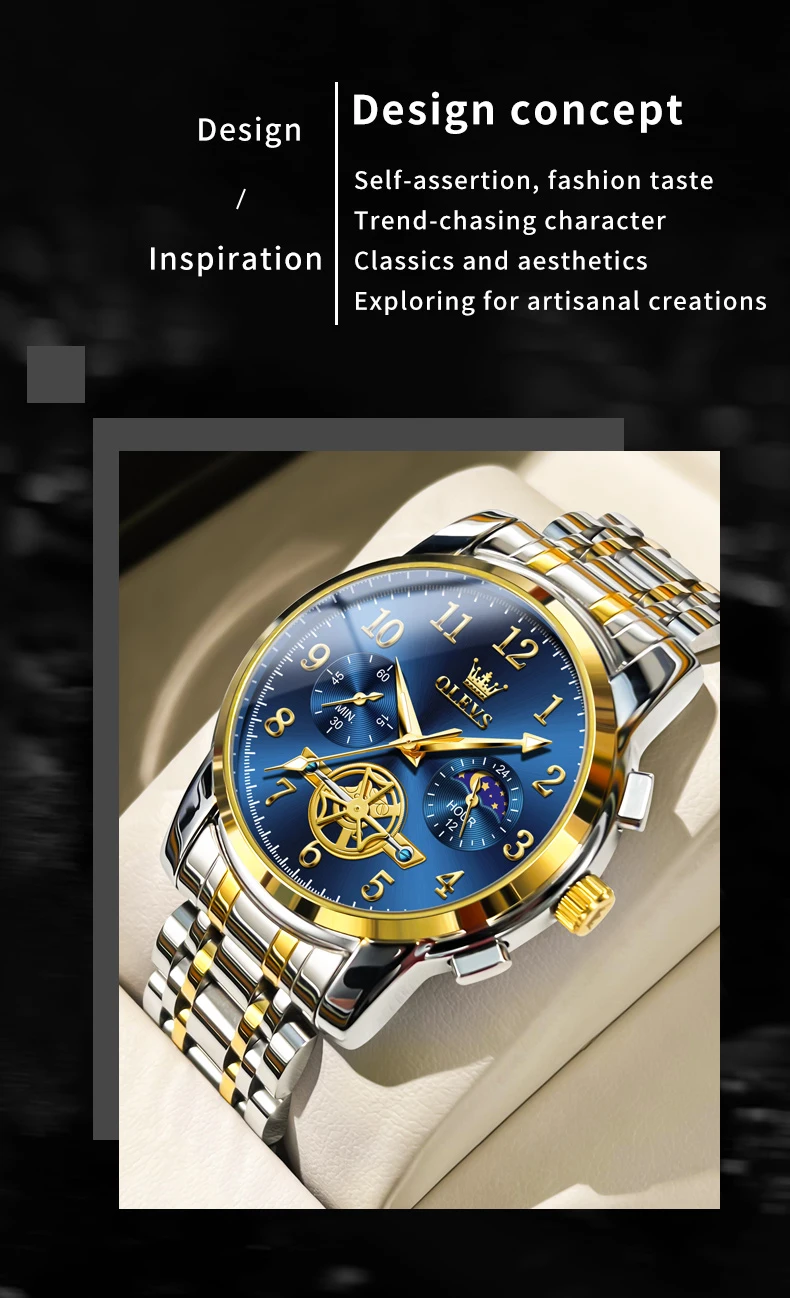 OLEVS orologi da uomo con volano inciso orologio al quarzo originale per uomo cronografo 24 ore Display fasi lunari impermeabile luminoso