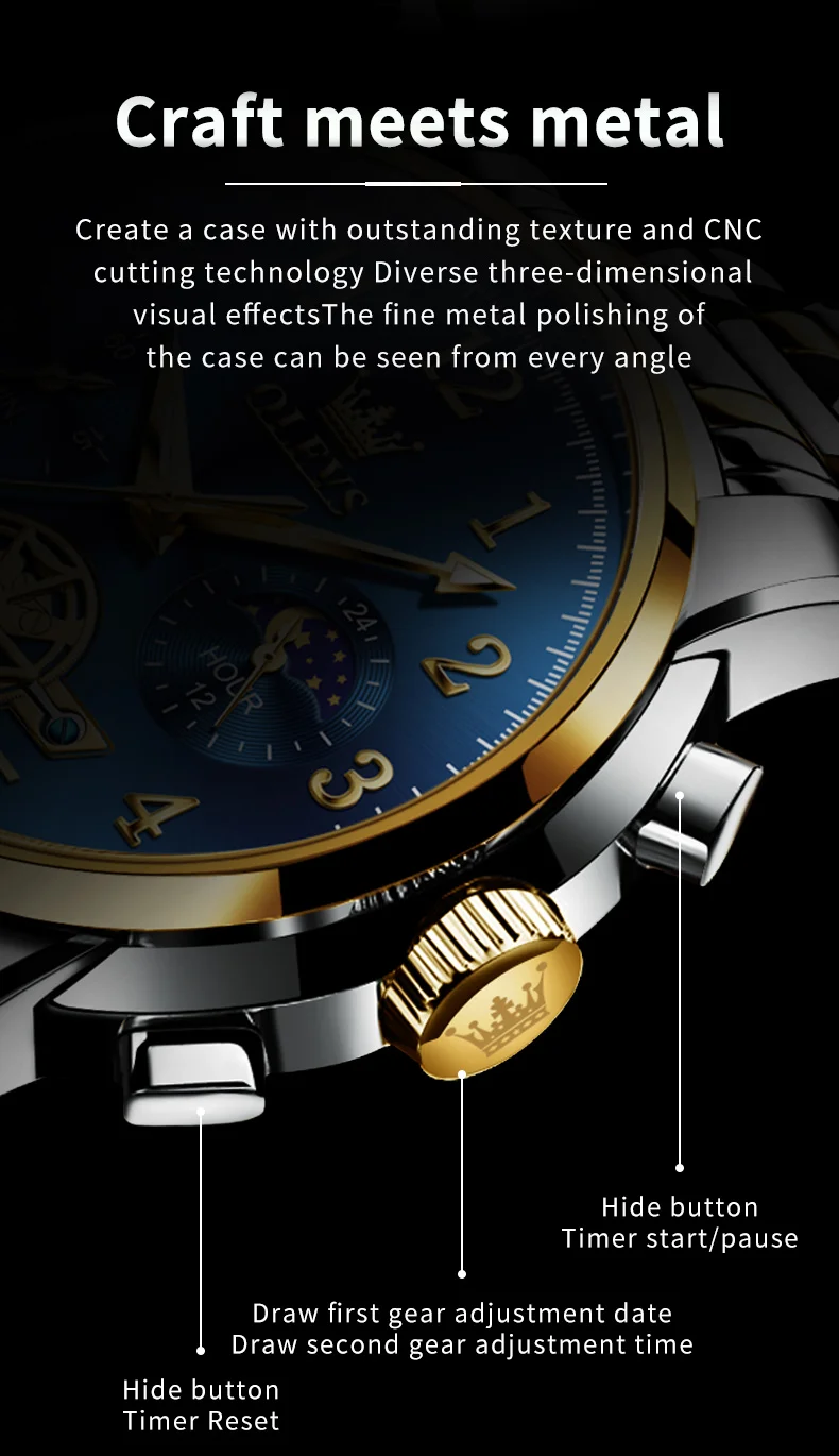 OLEVS 2903 Moon Phase Watch Men acciaio inossidabile Waterpoof luminoso Fashion Skeleton cronografo orologio da polso al quarzo per uomo nuovo