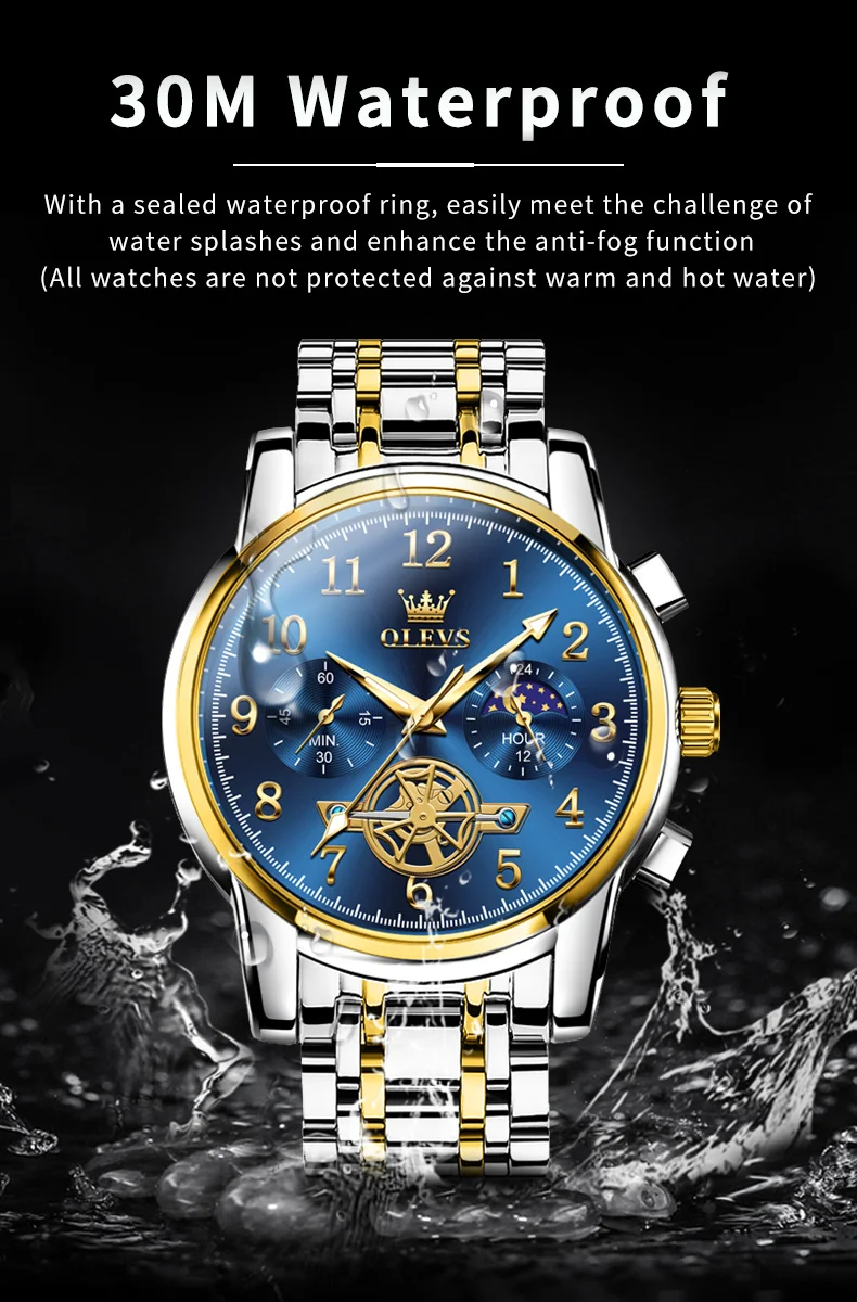 OLEVS 2903 Moon Phase Watch Men acciaio inossidabile Waterpoof luminoso Fashion Skeleton cronografo orologio da polso al quarzo per uomo nuovo