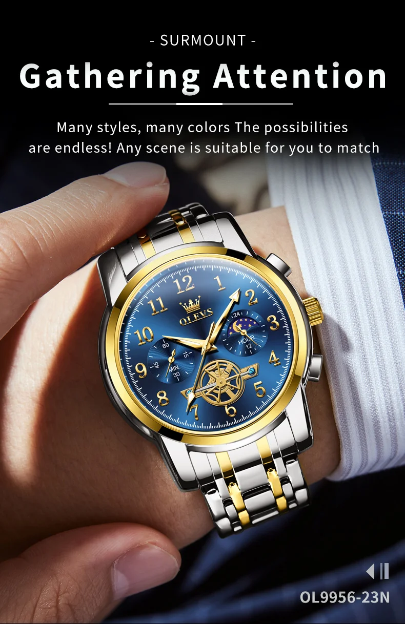 OLEVS 2903 Moon Phase Watch Men acciaio inossidabile Waterpoof luminoso Fashion Skeleton cronografo orologio da polso al quarzo per uomo nuovo