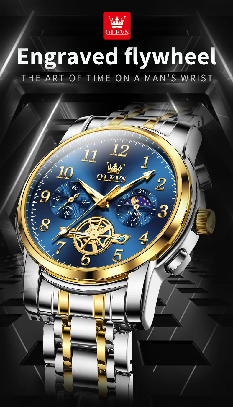 OLEVS 2903 Moon Phase Watch Men acciaio inossidabile Waterpoof luminoso Fashion Skeleton cronografo orologio da polso al quarzo per uomo nuovo