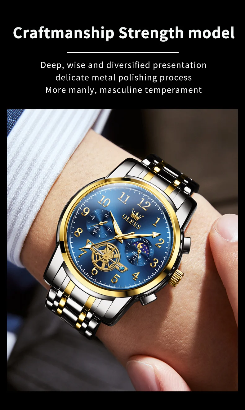 OLEVS 2903 Moon Phase Watch Men acciaio inossidabile Waterpoof luminoso Fashion Skeleton cronografo orologio da polso al quarzo per uomo nuovo