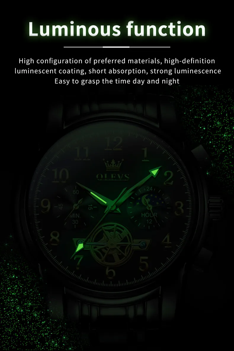 OLEVS 2903 Moon Phase Watch Men acciaio inossidabile Waterpoof luminoso Fashion Skeleton cronografo orologio da polso al quarzo per uomo nuovo