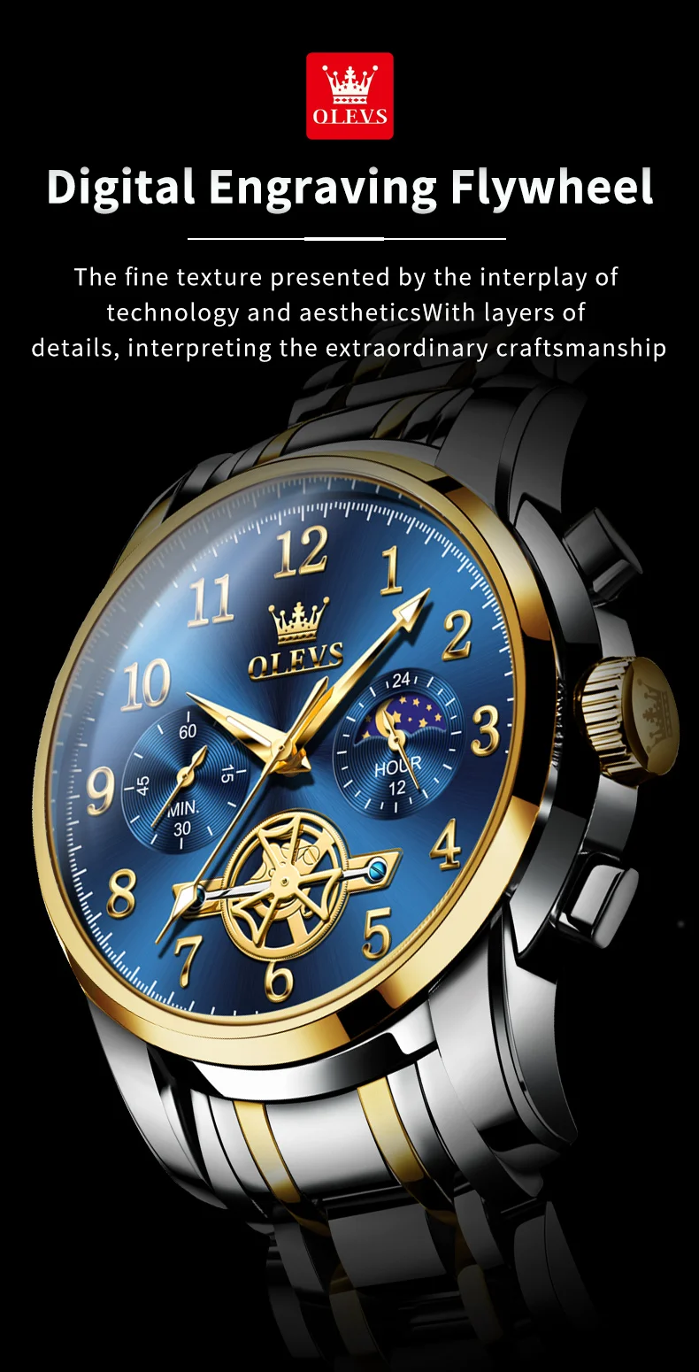 OLEVS 2903 Moon Phase Watch Men acciaio inossidabile Waterpoof luminoso Fashion Skeleton cronografo orologio da polso al quarzo per uomo nuovo