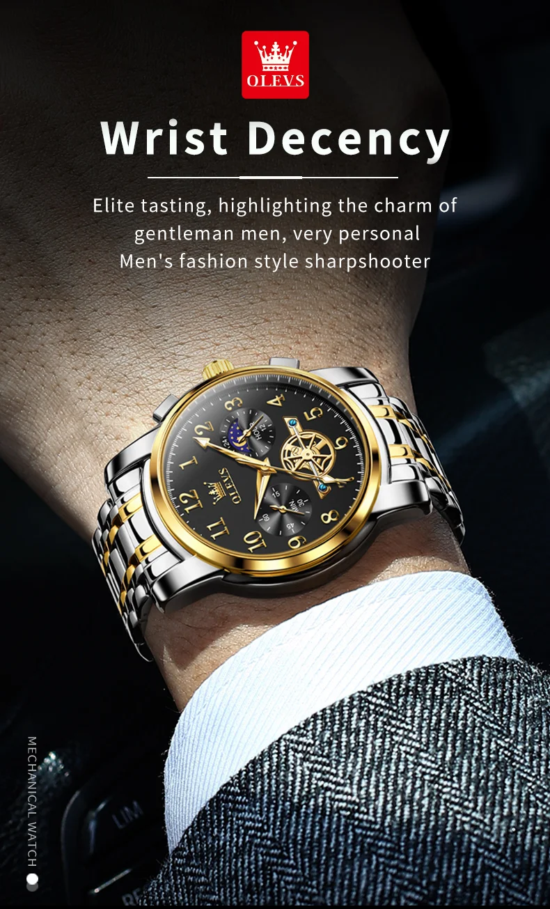 OLEVS 2903 Moon Phase Watch Men acciaio inossidabile Waterpoof luminoso Fashion Skeleton cronografo orologio da polso al quarzo per uomo nuovo