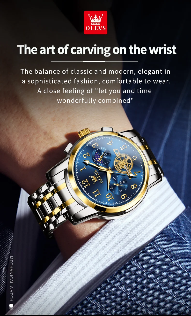 OLEVS 2903 Moon Phase Watch Men acciaio inossidabile Waterpoof luminoso Fashion Skeleton cronografo orologio da polso al quarzo per uomo nuovo