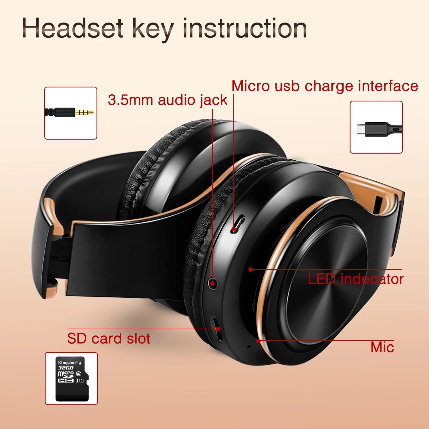 Men Gift Gold Wireless Headphones Bluetooth Earphone Stereo Headset with Build-in MIC with 3.5mm Jack for Xiaomi Samsung IPHONE Men Gift Gold Wireless Headphones Bluetooth Earphone Stereo Headset with Build-in MIC with 3.5mm Jack for Xiaomi Samsung IPHONE
