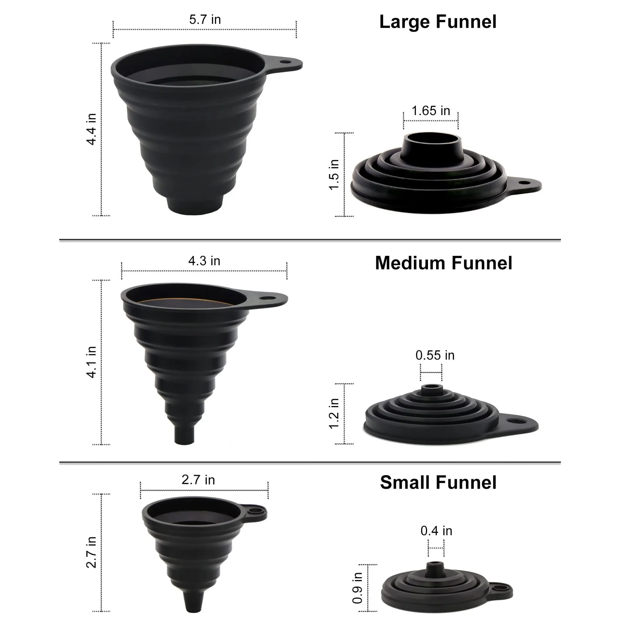 3 Pcs Silicone Collapsible Funnel Set , Foldable Large Canning Jar Funnel for Wide Mouth and Regular Bottles Kitchen Use Filling