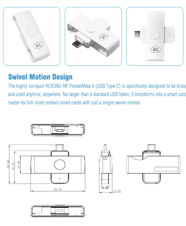Pocket USB Type-C Contact IC Chip Mobile EMV Smart Card Reader ACR39U-NF